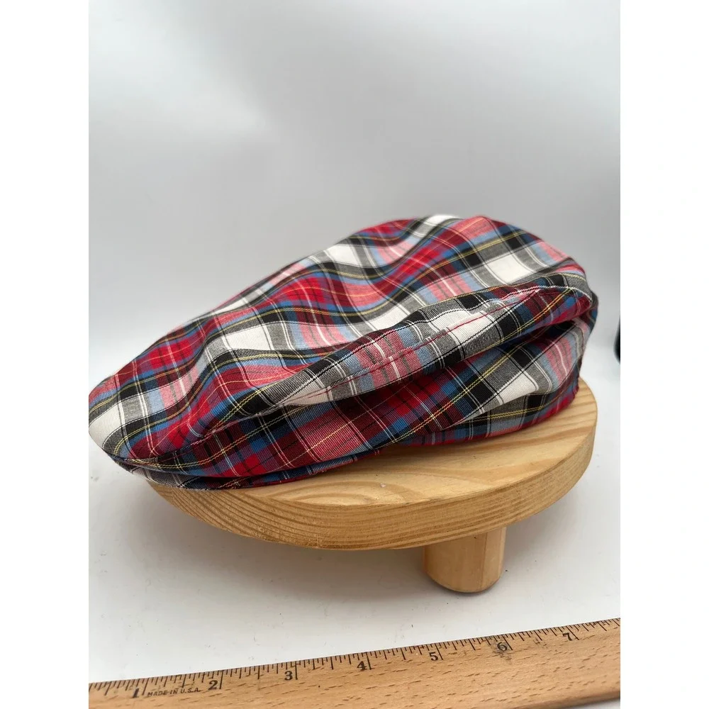 Vintage Plaid Flat Cap Red Blue White Tartan Driver Hat USA XL 7 1/2-7 5/8